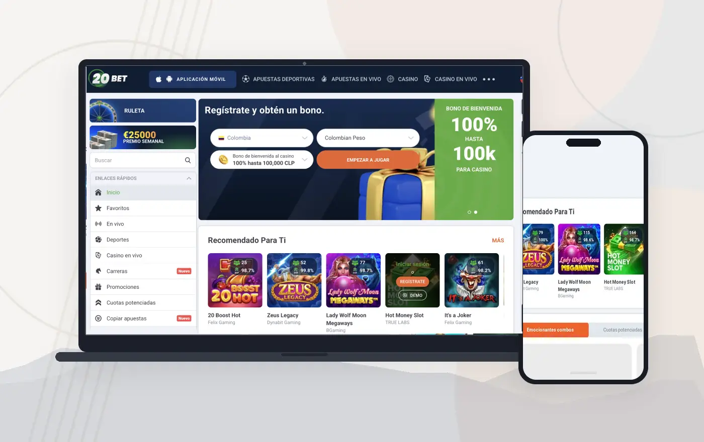 Pantalla de un lobby de casino online con juegos en vivo y una lista de tragamonedas